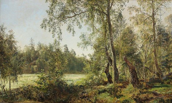 Traeer i udkanten af skoven. Oil Painting by Janus la Cour