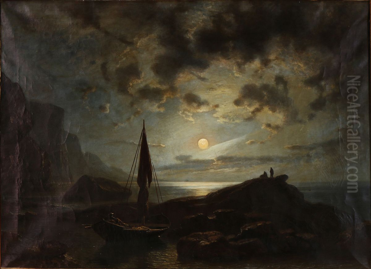 Klippeparti i manelys Oil Painting by Knud Baade
