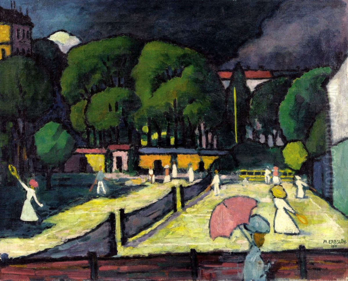 Tennis Court Oil Painting by Adolf Erbsloh