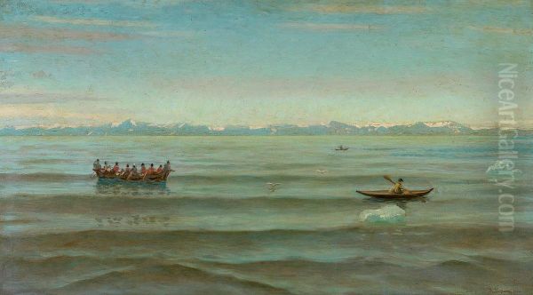An umiak at the coast of Greenland in calm weather. Oil Painting by Laurits Tuxen