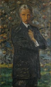 Selvportraet af kunstneren staende i en aeblehave.