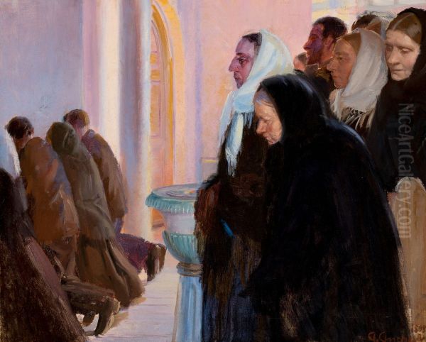 Altergang i Skagen kirke Oil Painting by Anna Ancher