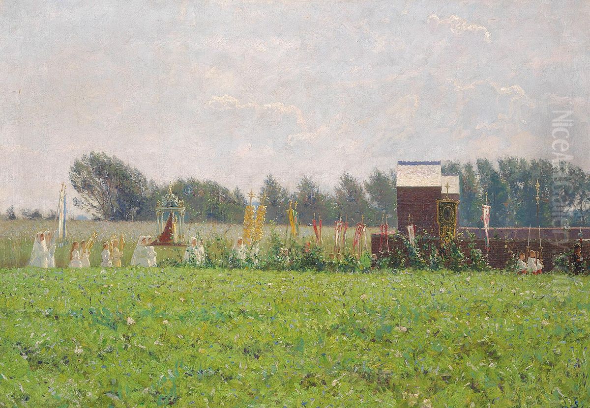 Kornets velsignelse - Sankthansdag uden for en belgisk landsby. Studie. Oil Painting by Laurits Tuxen