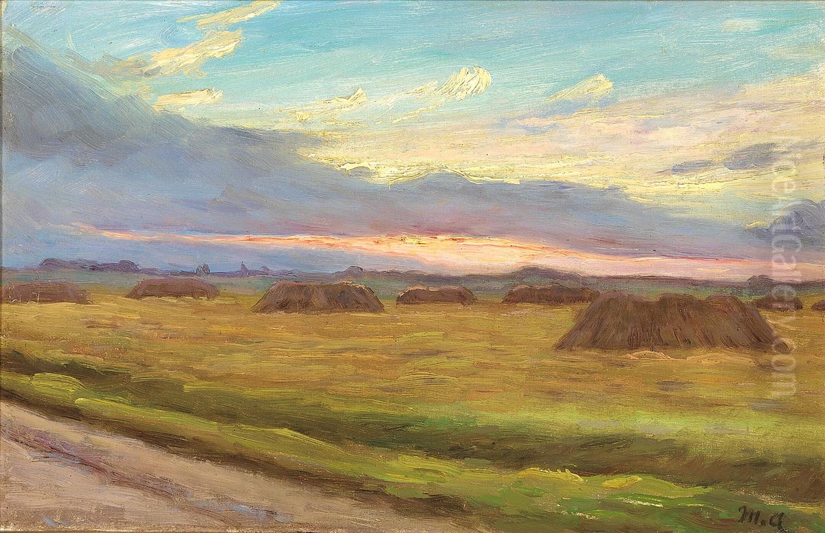 Sunset on a harvest landscape at Skagen. Oil Painting by Michael Peter Ancher