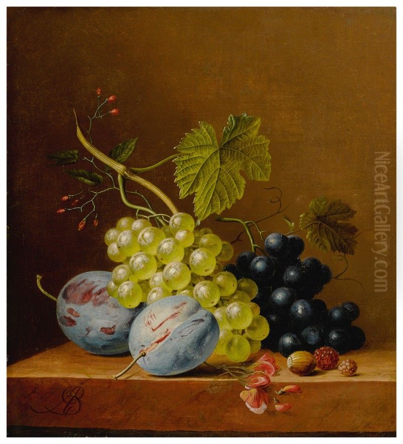 Grapes, plums, raspberries, flowers and an acorn on a wooden ledge Oil Painting by Arnoldus Bloemers