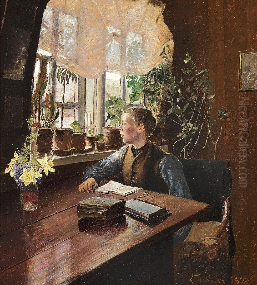 A boy doing his homework. Oil Painting by Laurits Andersen Ring