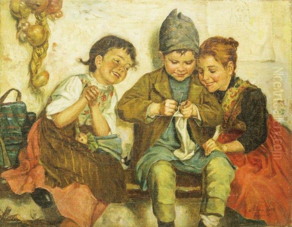 Three children Oil Painting by Antonio Rotta