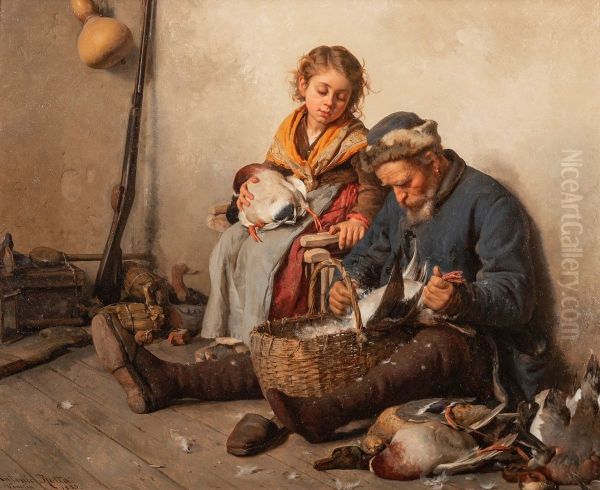 Interior scene with a grandfather and granddaughter plucking ducks Oil Painting by Antonio Rotta