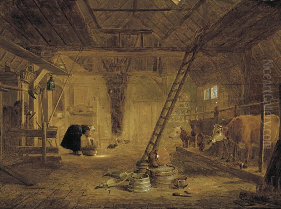 A barn  interior with four cows, a milk maid cleaning a pot, and earthenware pots in the foreground Oil Painting by Govert Dircksz. Camphuysen