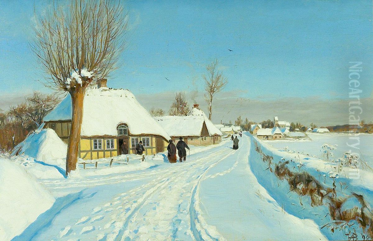 Churchgoers heading for church on christmas morning. Oil Painting by H. A. Brendekilde