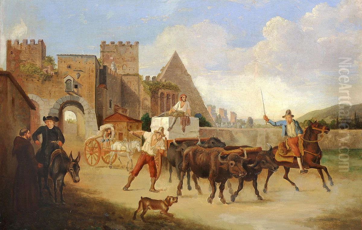 Oksekaerre ved Porta San Paolo og Cestiuspyramiden i Rom. Oil Painting by Wilhelm Marstrand