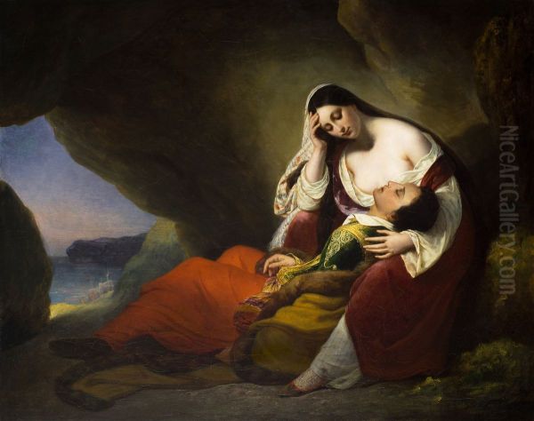 Don Juan asleep on Haidee's lap Oil Painting by Hendrik Scheffer