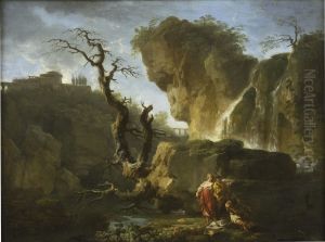 Un paysage avec un arbre mort, deux hommes et une femme