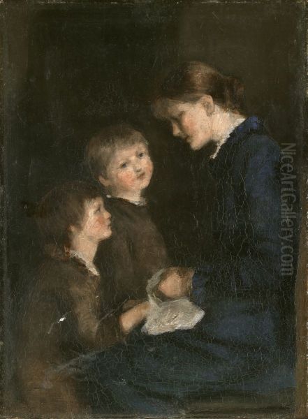Portrett av Anna Dahl (gift Munch) og hennes sosken Henning Dahl og Margrethe Dahl Oil Painting by Cecilie Dahl