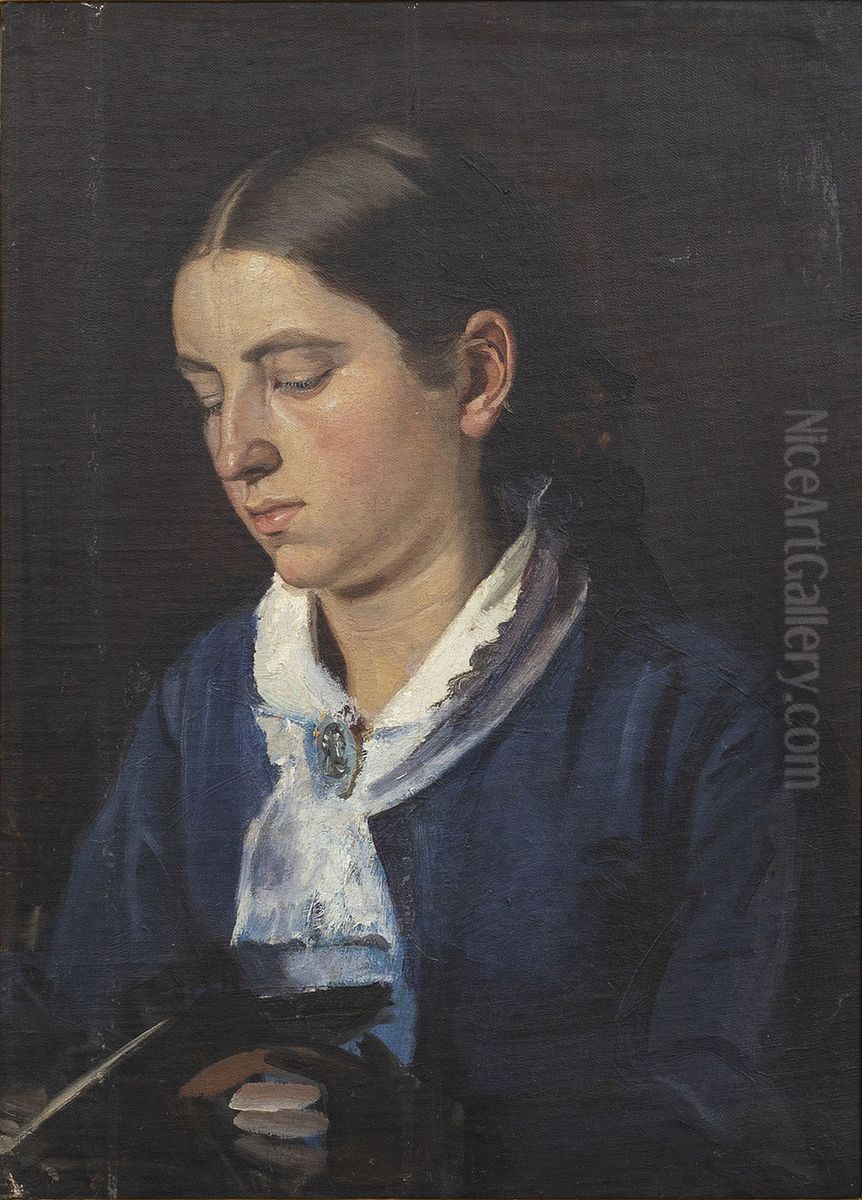 Portraet af Anna Brondum i bla kjole, laesende. Oil Painting by Michael Peter Ancher