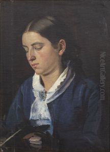 Portraet af Anna Brondum i bla kjole, laesende.