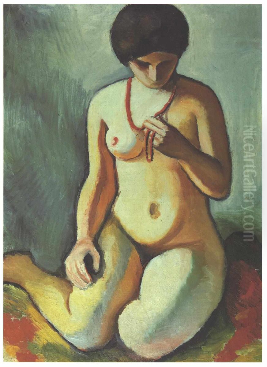 Female nude with coral necklace Oil Painting by August Macke
