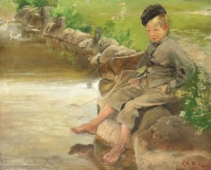 A boy sitting at the village pond.
