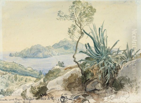 Parti fra Villa Sesale i Sorrento med kig til Capri. Oil Painting by Janus Andreas Bartholin La Cour