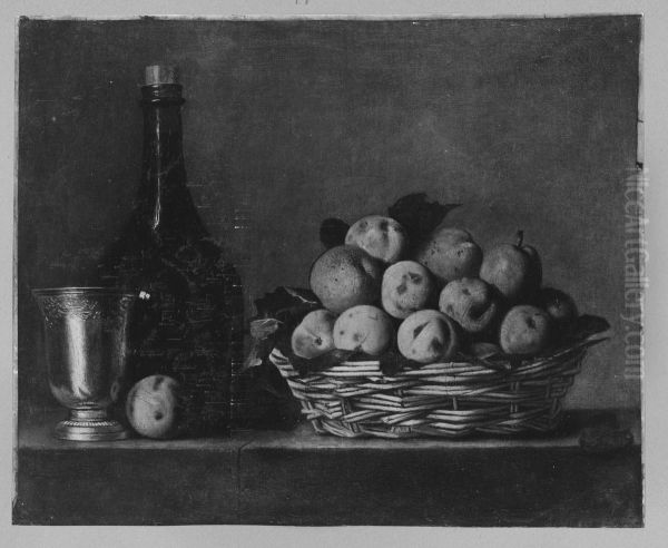 Stillleben mit Pflaumenkorb, Flasche und Goldbecher Oil Painting by Francois Xavier Vispre