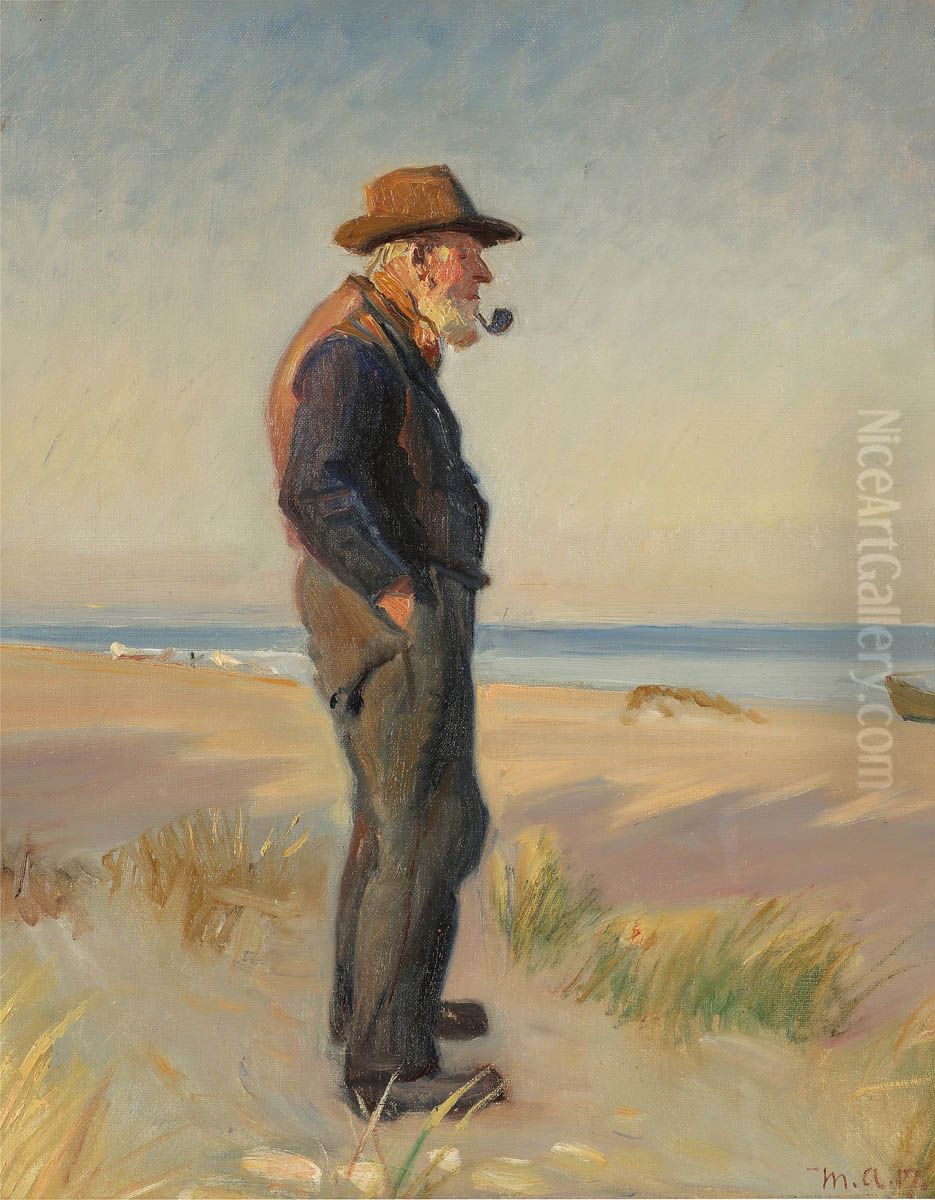 A fisherman smoking his pipe on the beach at Skagen. Oil Painting by Michael Peter Ancher