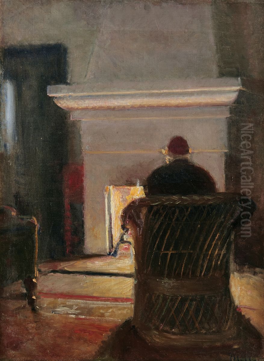Interior med Holger Drachmann foran kaminen i Villa Pax, Skagen. Oil Painting by Michael Peter Ancher