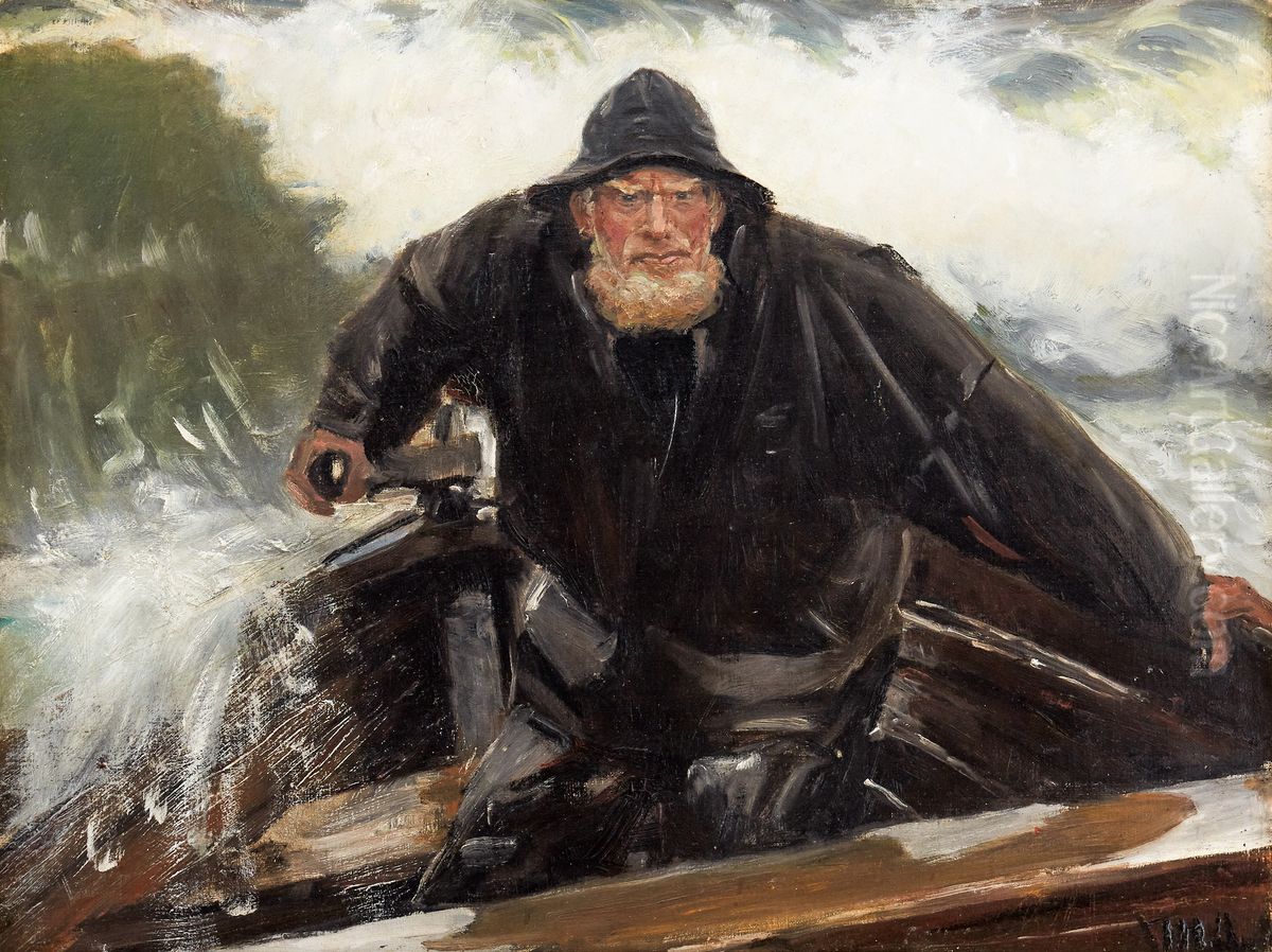 Fisker i stormvejr. Oil Painting by Michael Peter Ancher