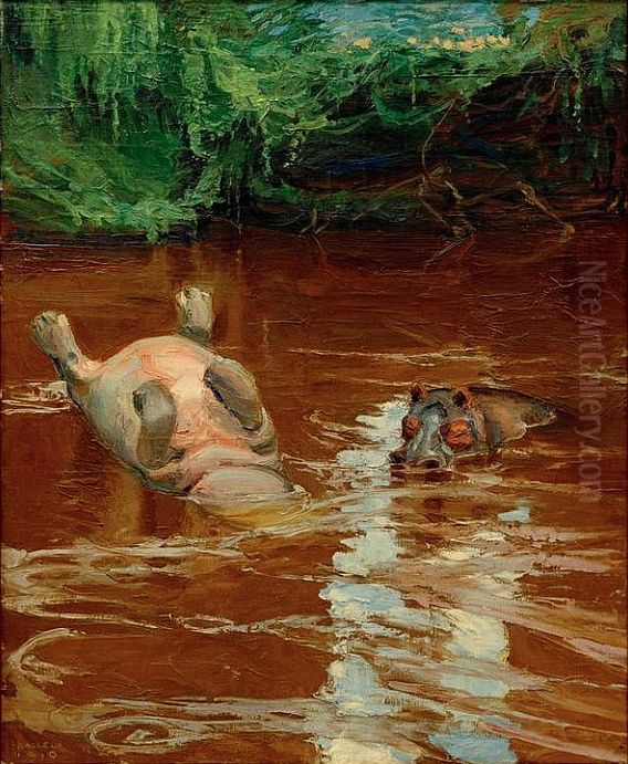Hippos in the Tana River Oil Painting by Akseli Valdemar Gallen-Kallela
