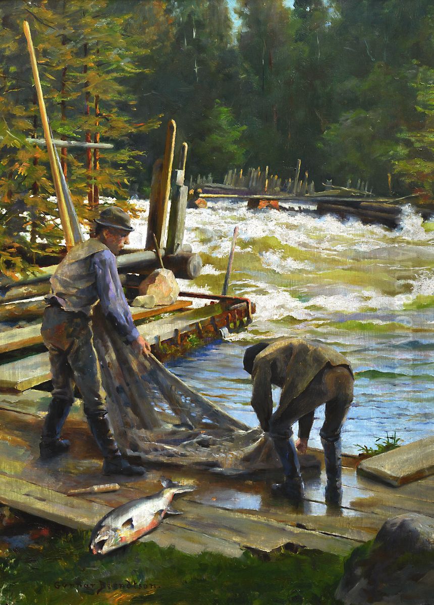 Salmon Fishers at theLanginkoskiRapid Oil Painting by Gunnar Berndtson