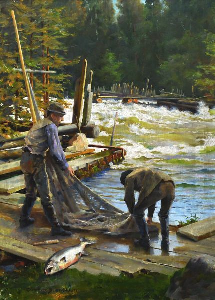 Lohenkalastajia Langinkoskella Oil Painting by Gunnar Berndtson