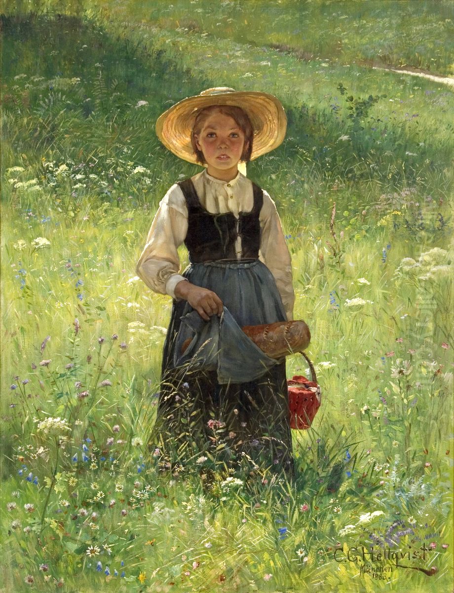 Girl in a Flowering Meadow Oil Painting by Carl Gustaf Hellqvist