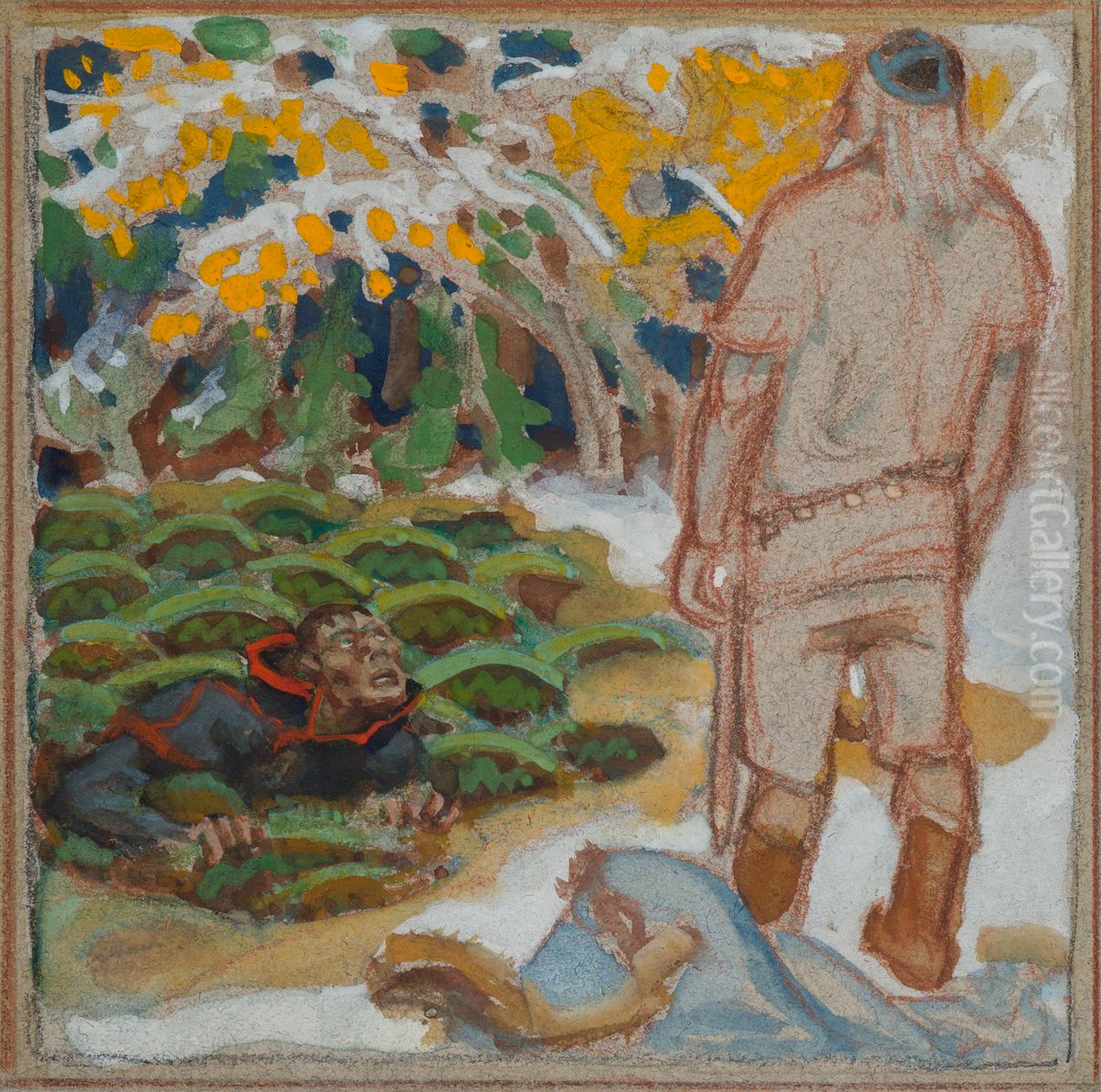 Suur-Kalevala: harjoitelma aiheesta Vainamoinen laulaa joukahaisen suohon Oil Painting by Akseli Valdemar Gallen-Kallela