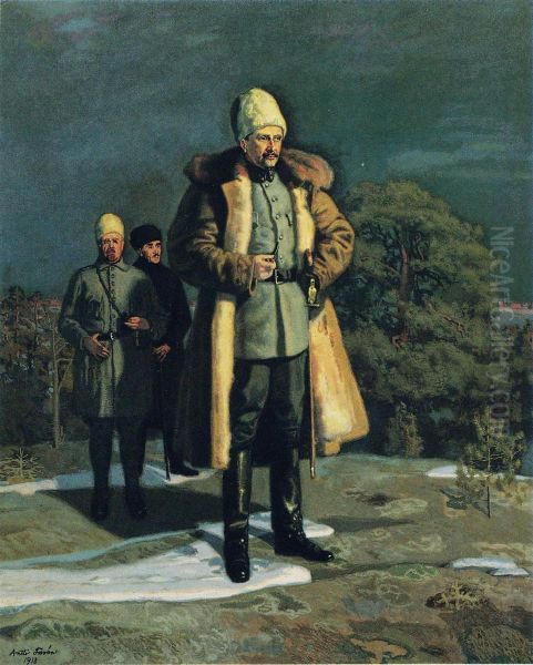 Kenraali Mannerheim katselee Tampereen valloitusta Vehmaisten kallioilta Oil Painting by Antti Faven