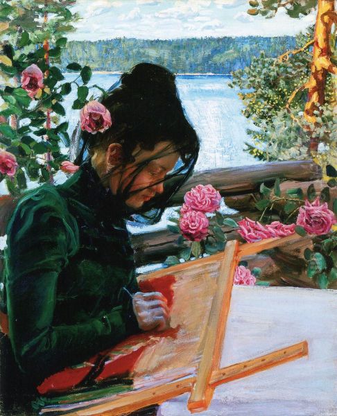 Mary Sewing on the Veranda of Kalela Oil Painting by Akseli Gallen-Kallela