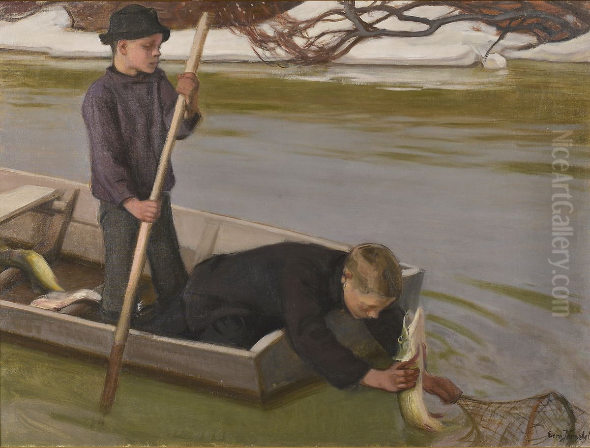 Boys Fishing Oil Painting by Eero Jarnefelt