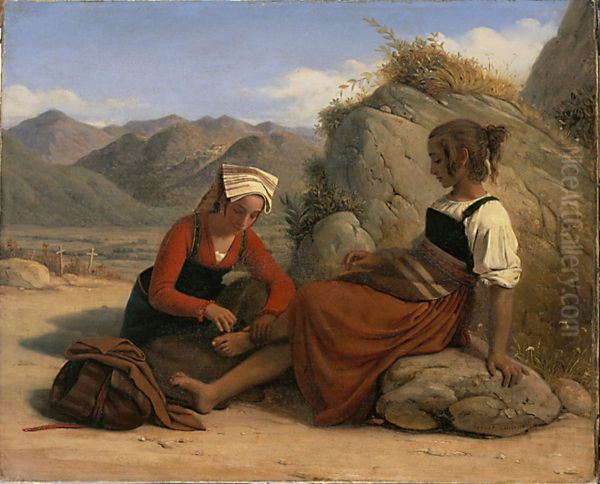 Jeune fille de Sonnino otant une epine du pied a une de ses compagnes Oil Painting by Leopold Robert