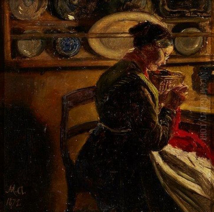 En kone strikker i kokkenet. Oil Painting by Michael Peter Ancher
