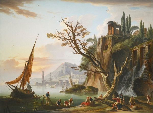 A Coastal Landscape at Sunset, with Fishermen Mooring Their Boats and Figures on the Shore Oil Painting by Charles Francois Grenier de Lacroix