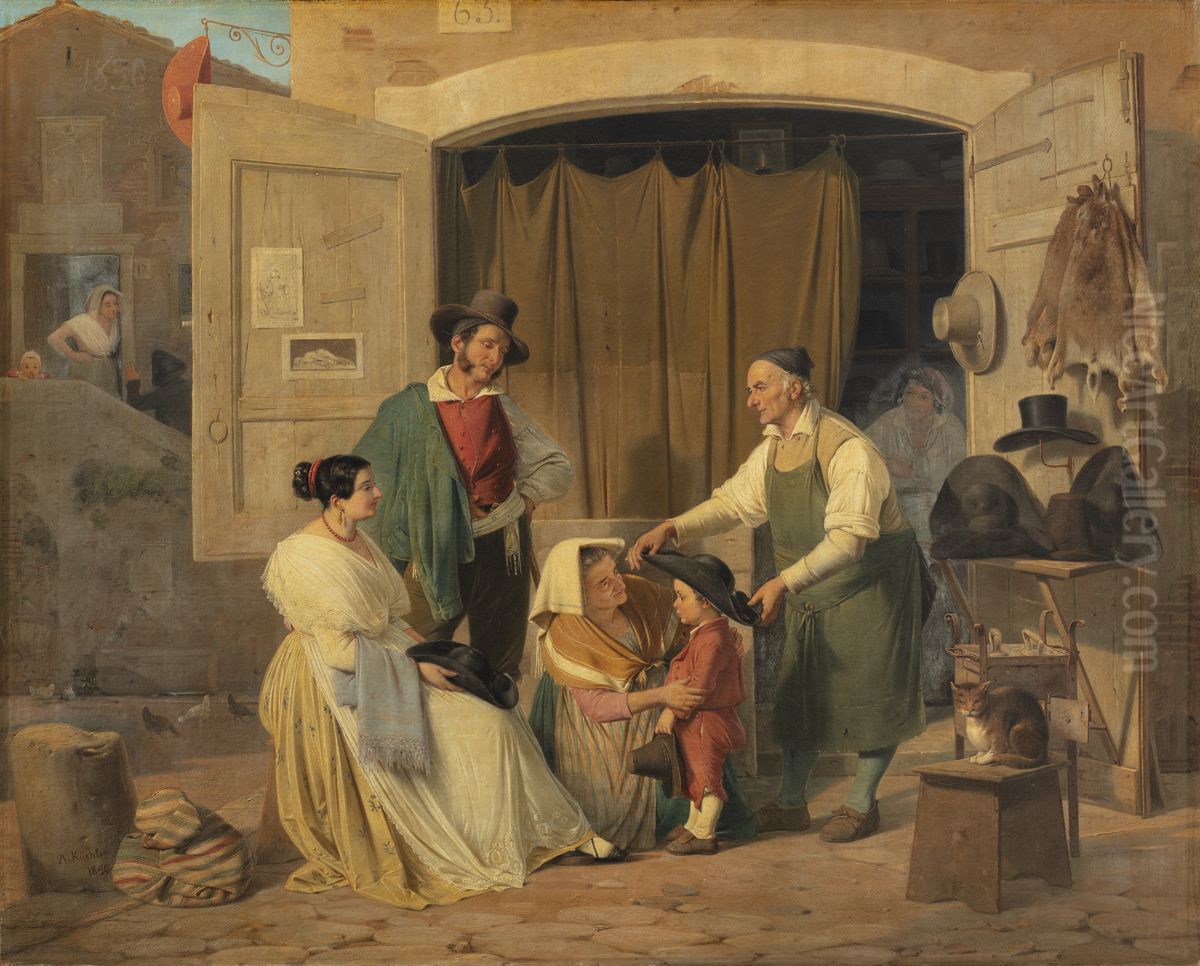 Roman peasants buying a hat for their little son, who is to be an abbot Oil Painting by Albert Kuchler
