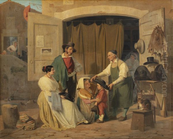 Et par romerske almuefolk kober en hat til deres lille son som skal vaere abbate Oil Painting by Albert Kuchler