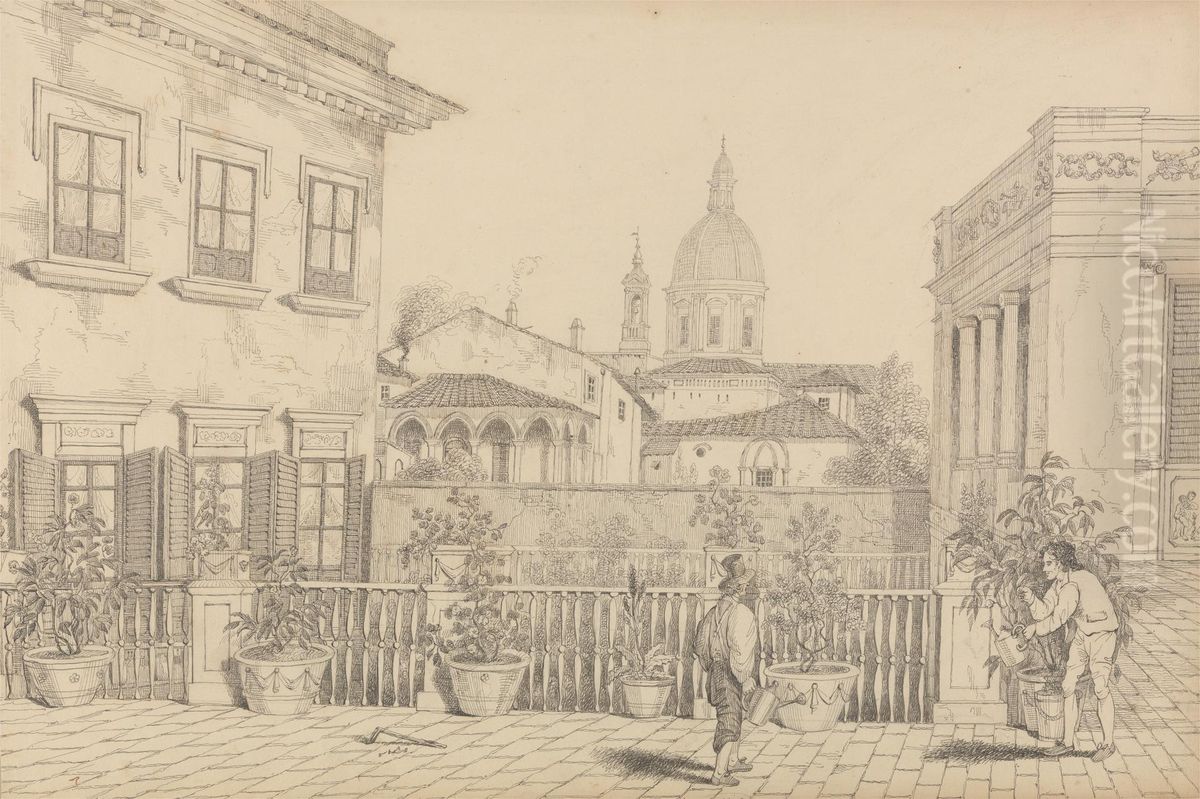 Terrace, Casino Pecori 24th Oct.er 1841 Oil Painting by Sir Charles D'Oyly, 7th Baronet