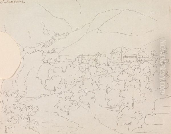 Mountain Landscape View of a River Flowing through a Town Oil Painting by Henry Swinburne
