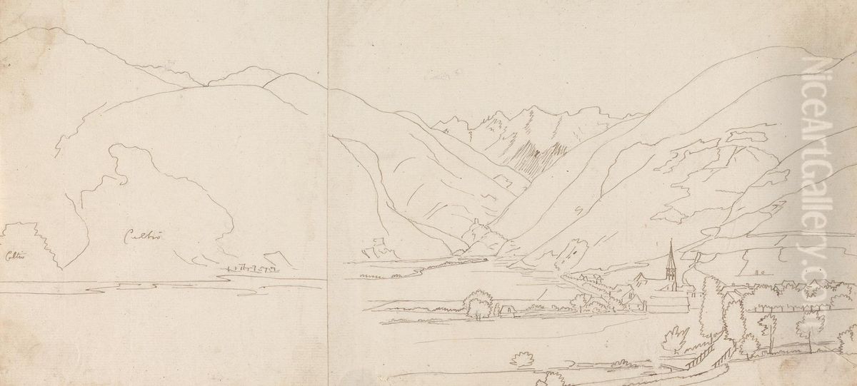 Mountainous Landscape, with a Small Village in its Valley Oil Painting by Henry Swinburne