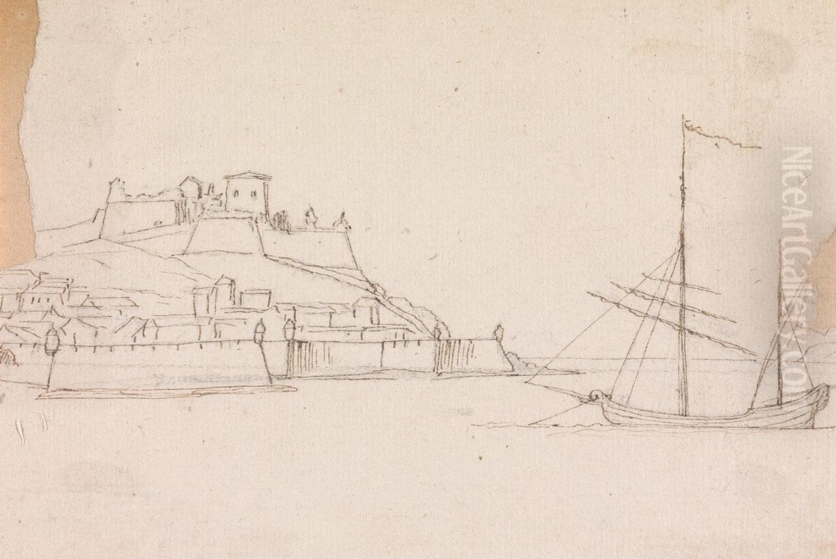 Palace, Surrounded by, Fortification Walls,with Sea and Sailboat in the Foreground Oil Painting by Henry Swinburne