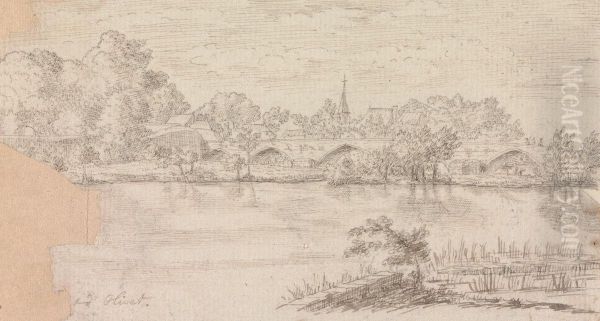 River View of Bridge and Village in a Distance Oil Painting by Henry Swinburne