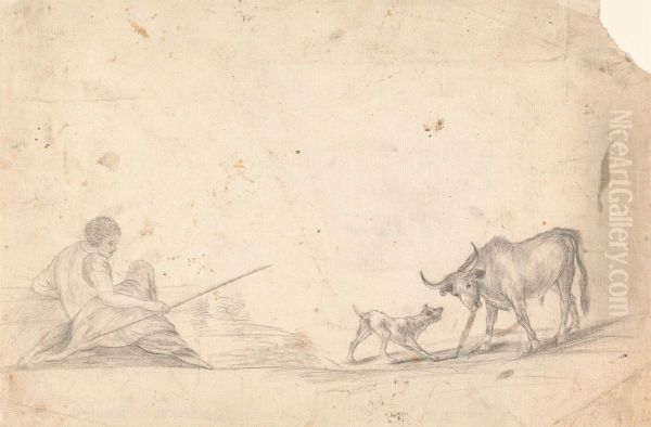 Herdsman, Dog, and Cow Oil Painting by James Bruce