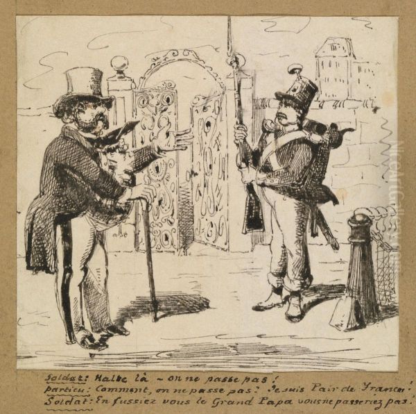 Sentry halting Gentleman at Gate Oil Painting by George Augustus Sala