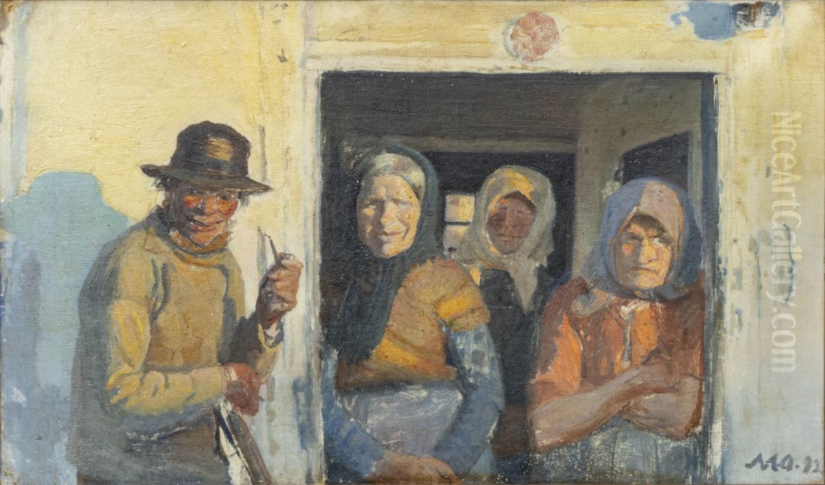 Kristoffer og konerne i doren. Oil Painting by Michael Peter Ancher