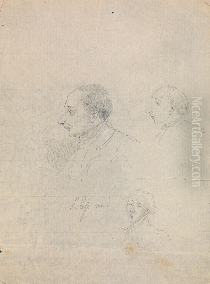 Sketches of Three Heads Oil Painting by George Cruikshank I Sketches of Three Heads Oil Painting by George Cruikshank I
