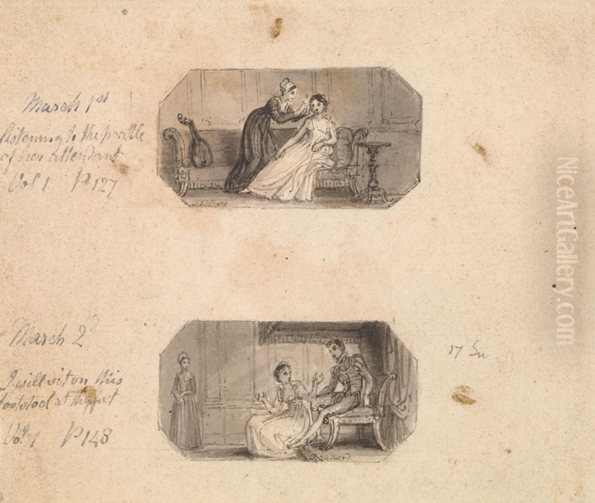 Listening to the Prattle of Her Attendant (Vol. 1, p. 127) March 2nd: I Will Sit on This Footstool at Thy Feet (Vol. 1, p. 148) Oil Painting by Thomas Stothard